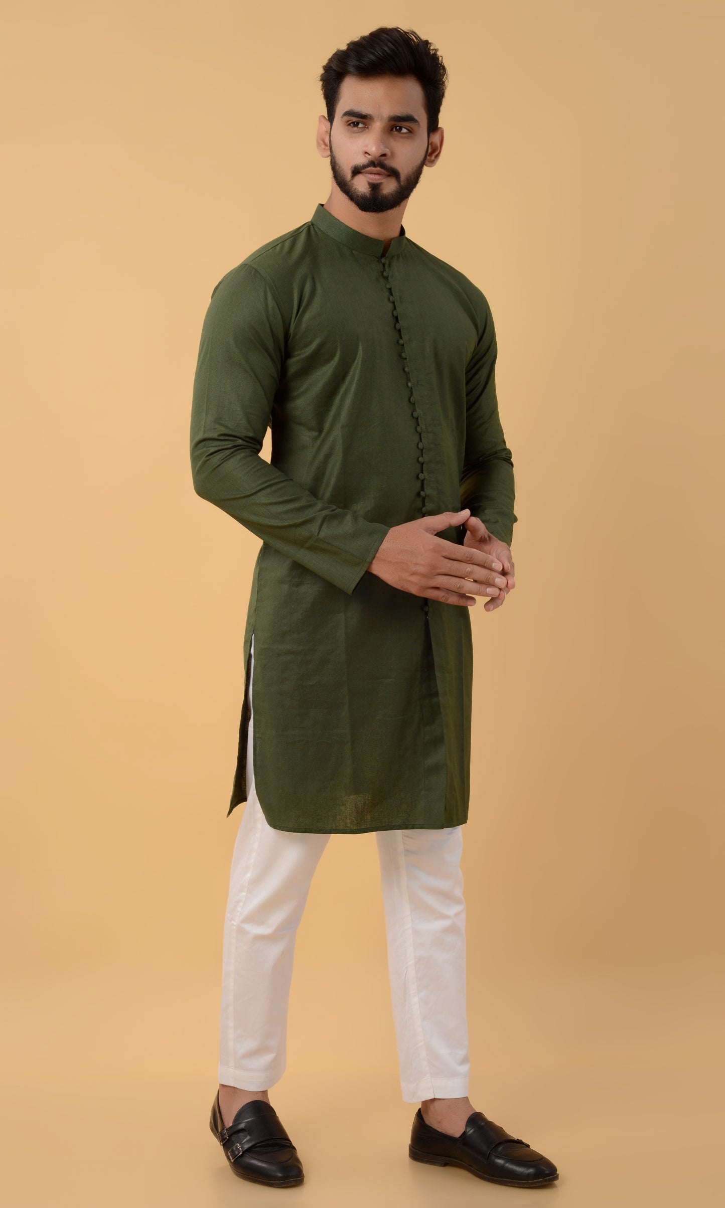 Dark green potli button kurta