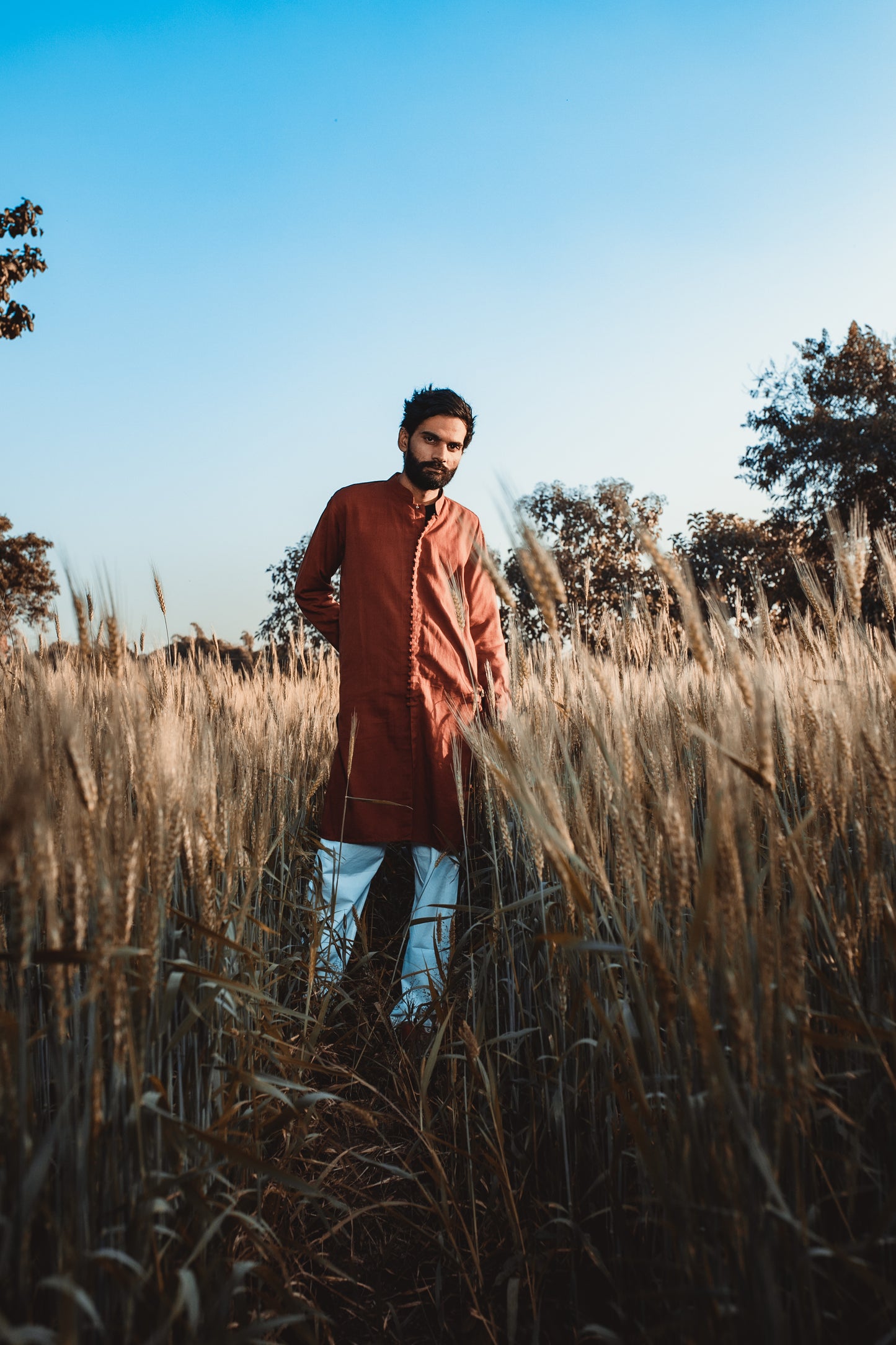 Rust brown handwoven cotton kurta