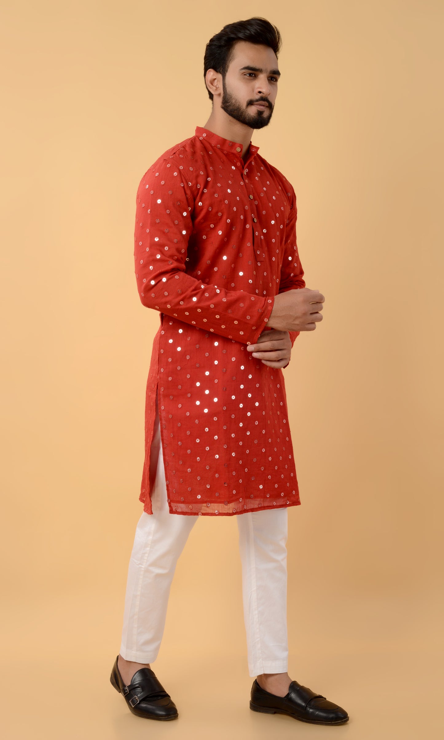 Red mirror work kurta