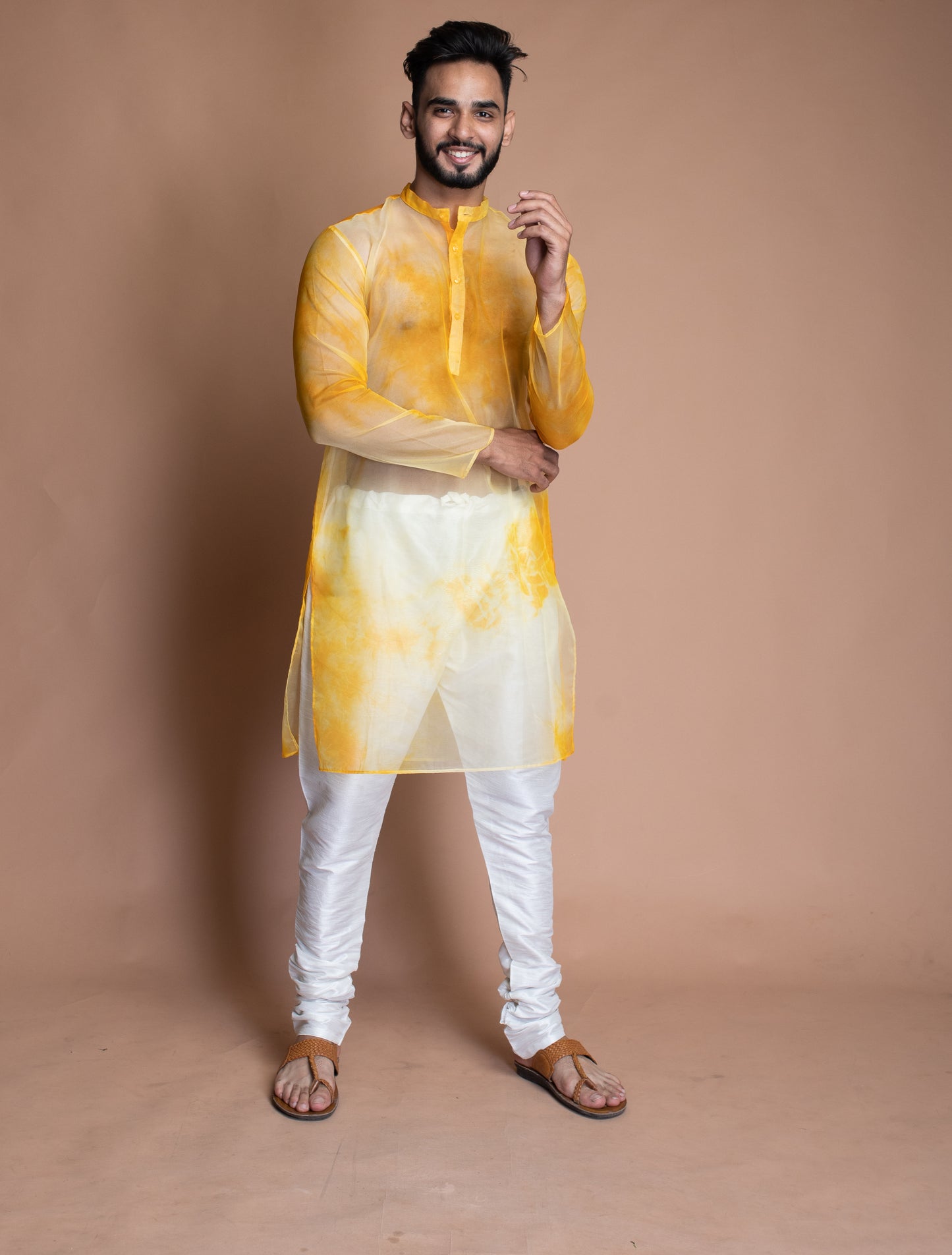 Yellow and white tie dye kurta