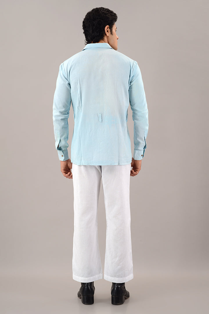 Light blue line over shirt (shacket)