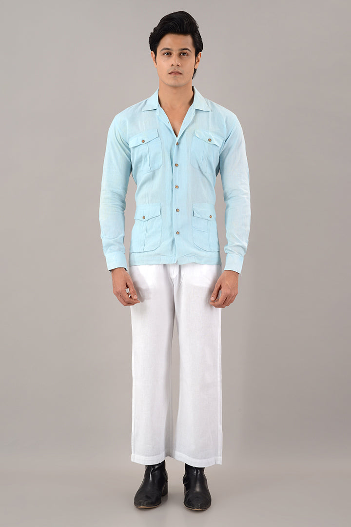 Light blue line over shirt (shacket)