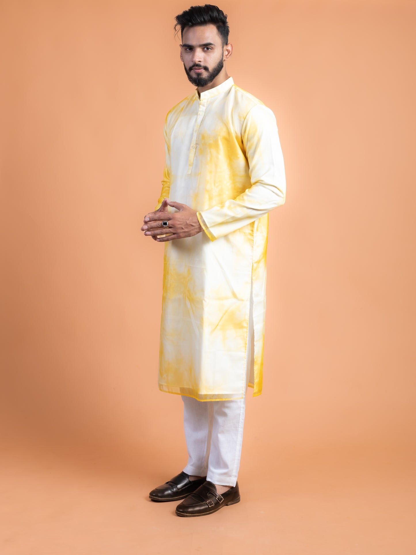 White and yellow shibori kurta