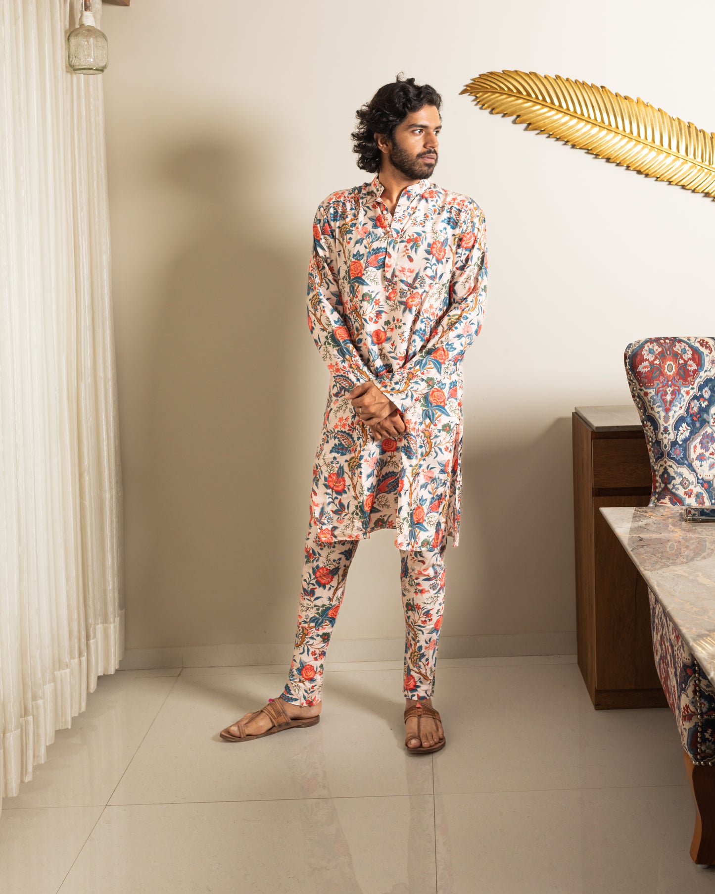 Beige dola silk kurta with pants