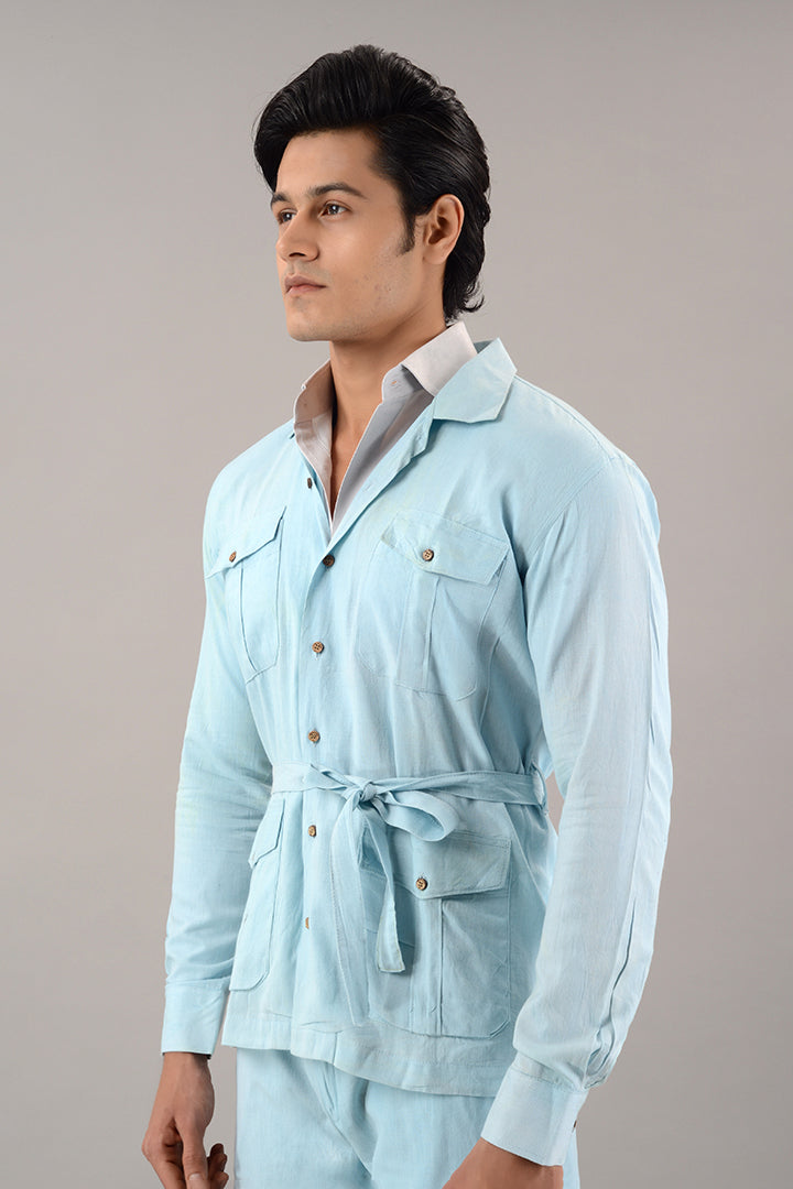 Light blue linen over shirt (shacket) with pants