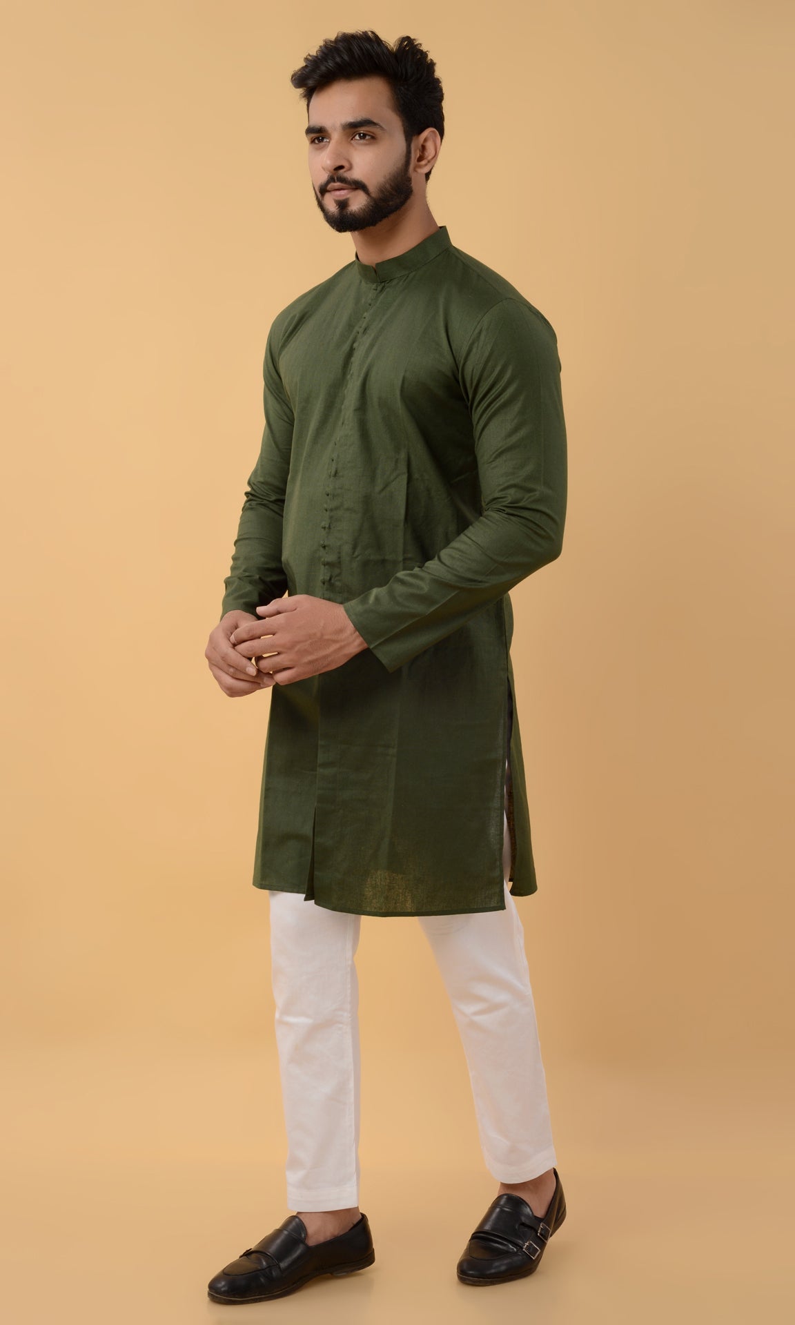 Dark green potli button kurta