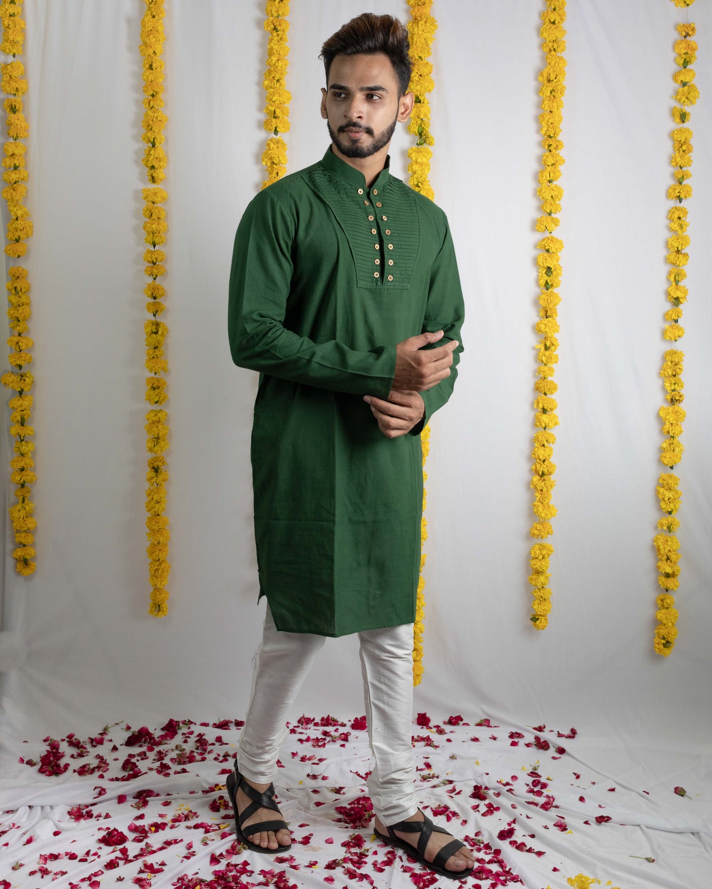Green pleated linen kurta