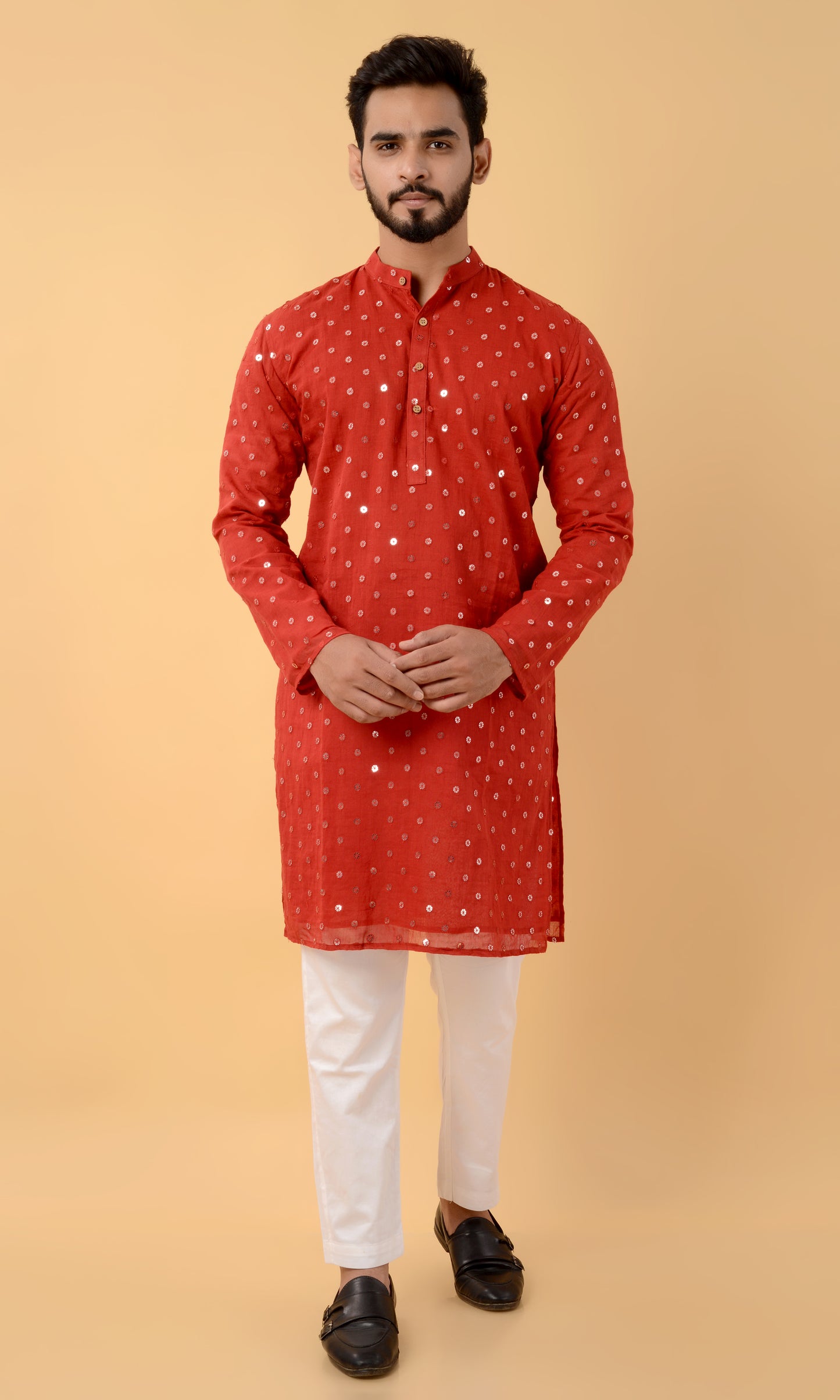 Red mirror work kurta