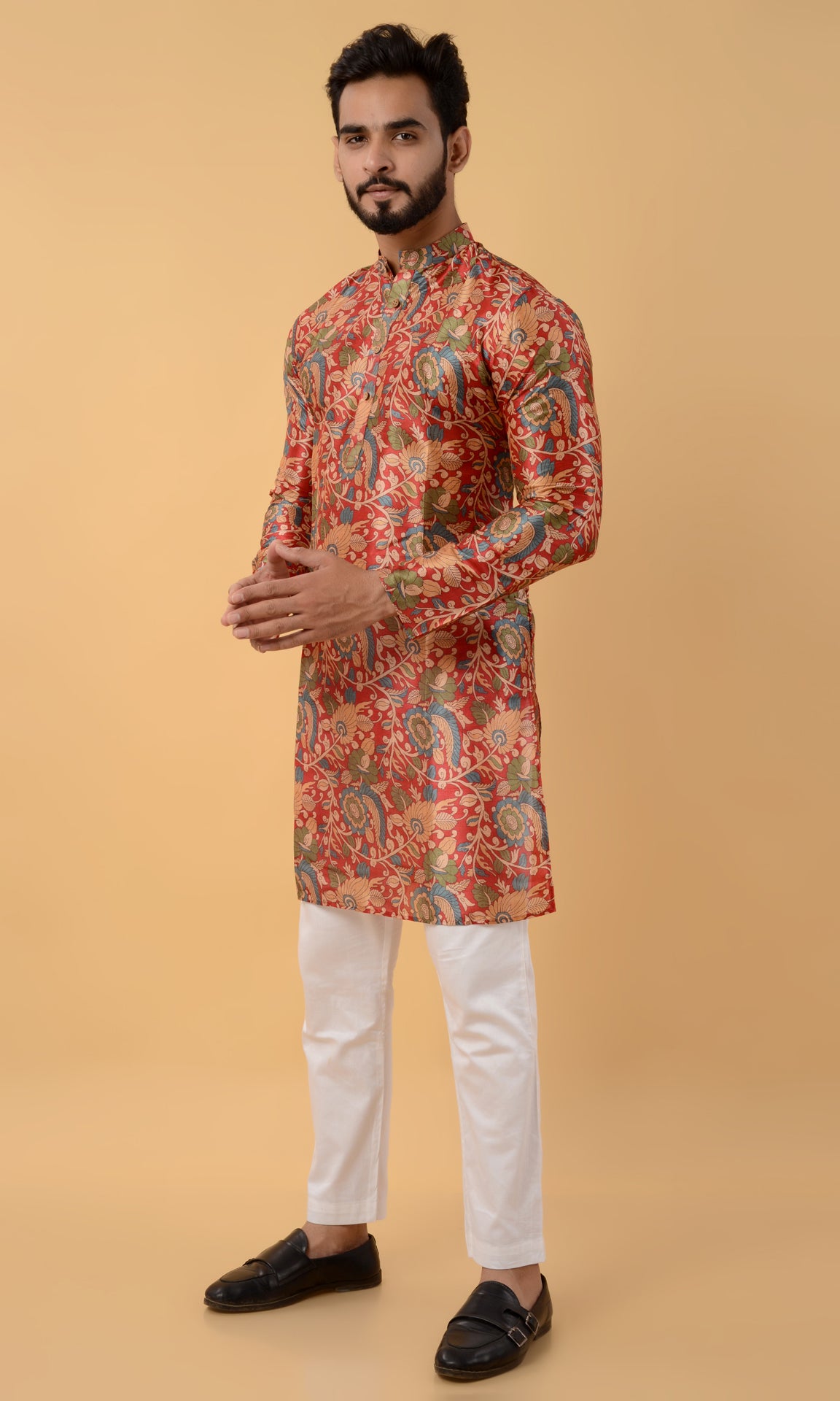 Red assam silk printed kurta