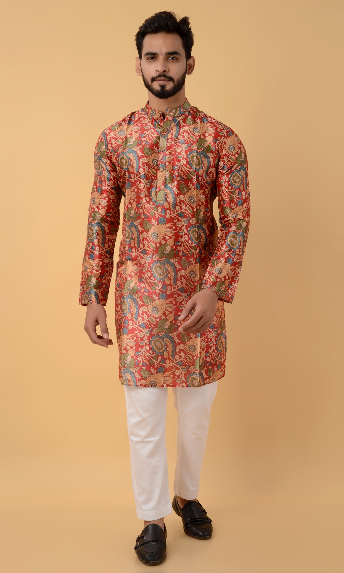 Red assam silk printed kurta