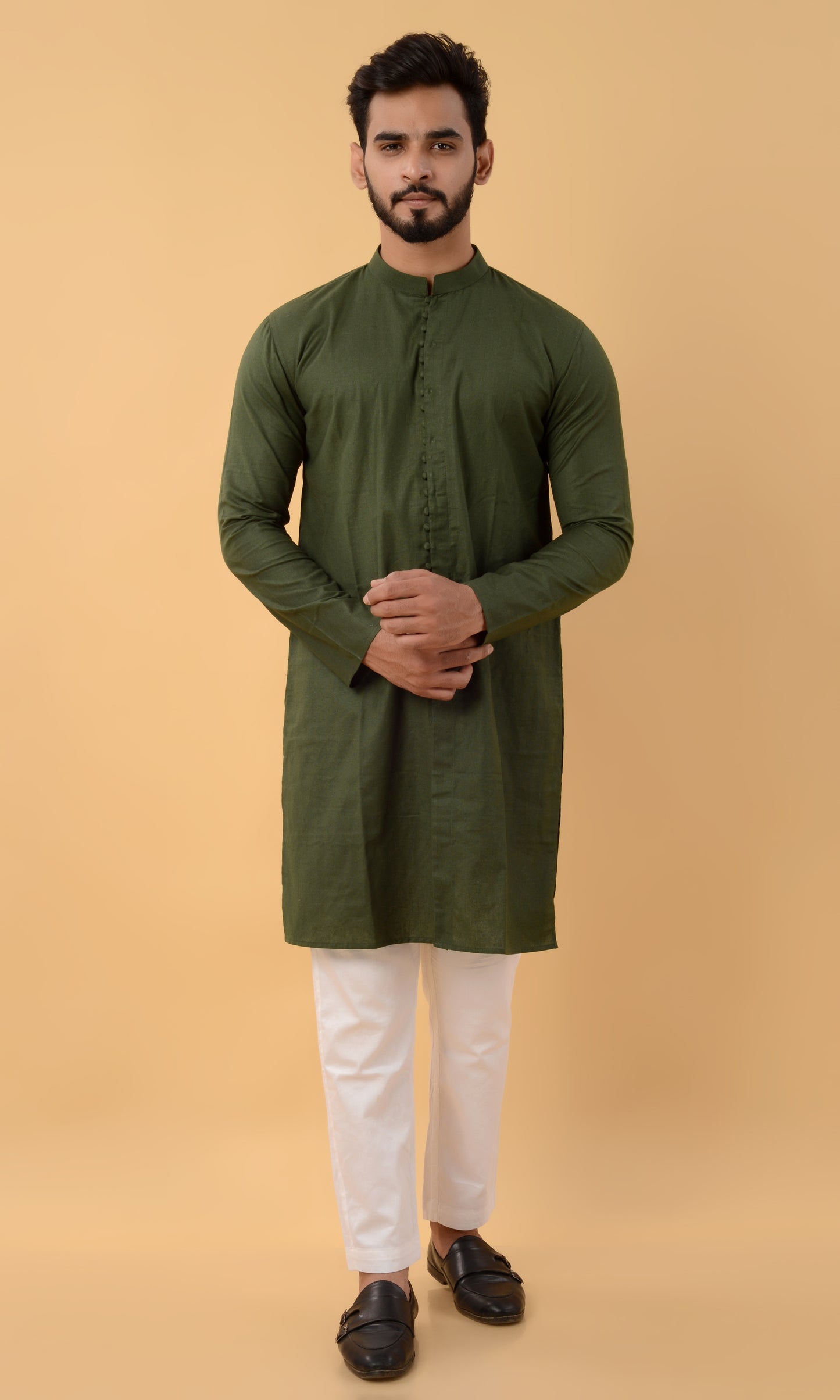 Dark green potli button kurta