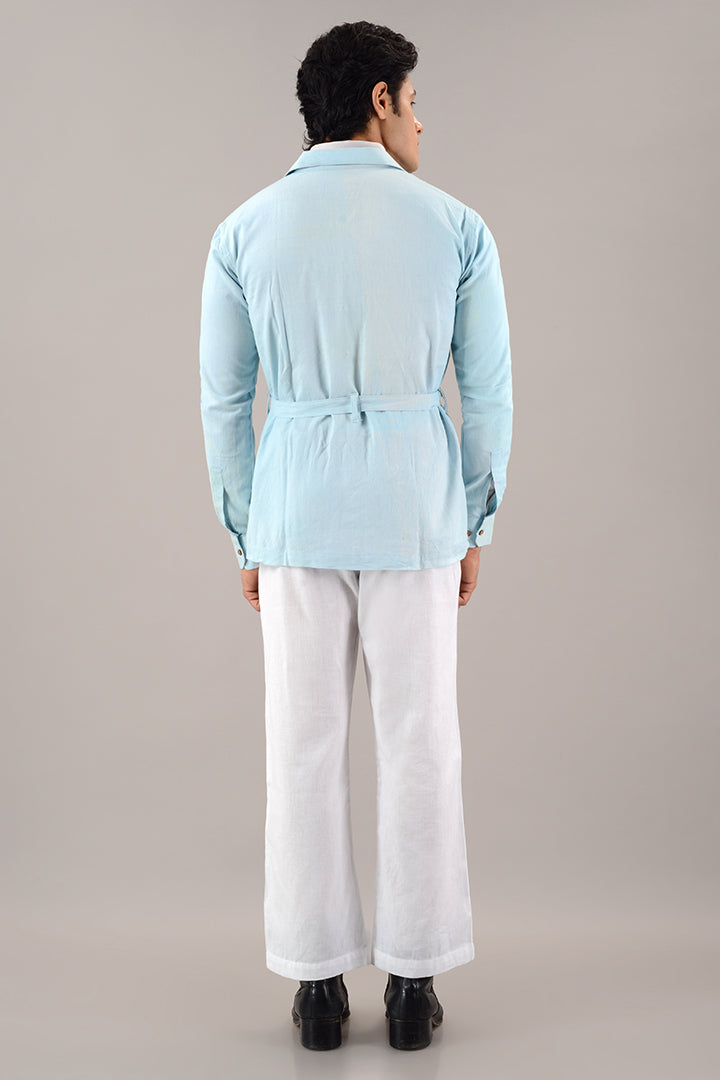 Light blue line over shirt (shacket)