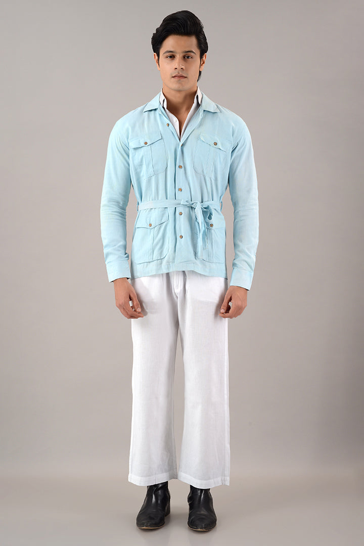 Light blue line over shirt (shacket)