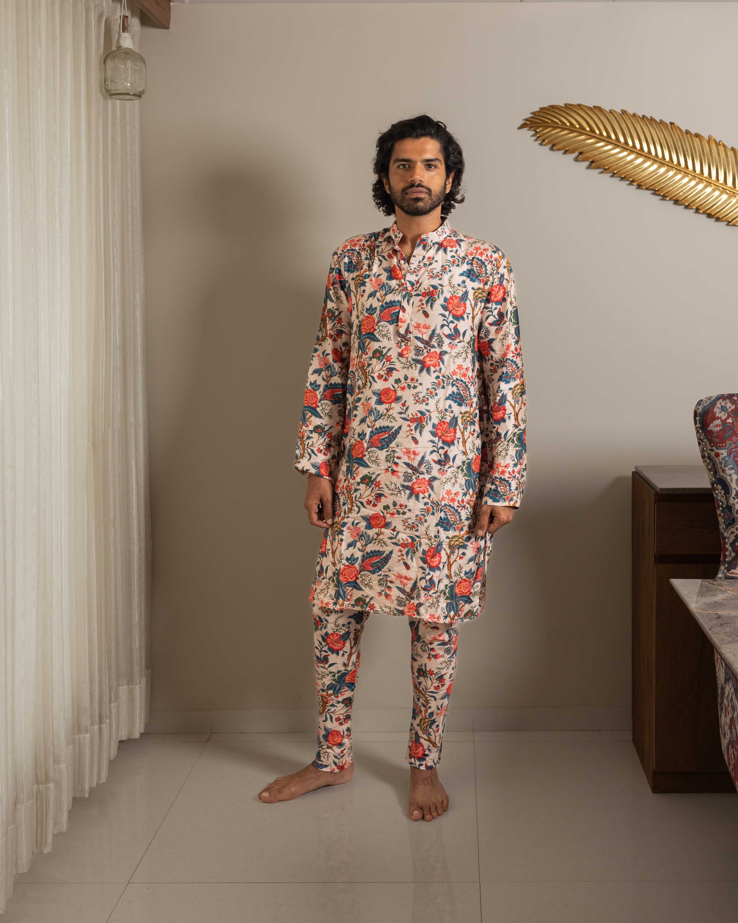 Beige dola silk kurta with pants