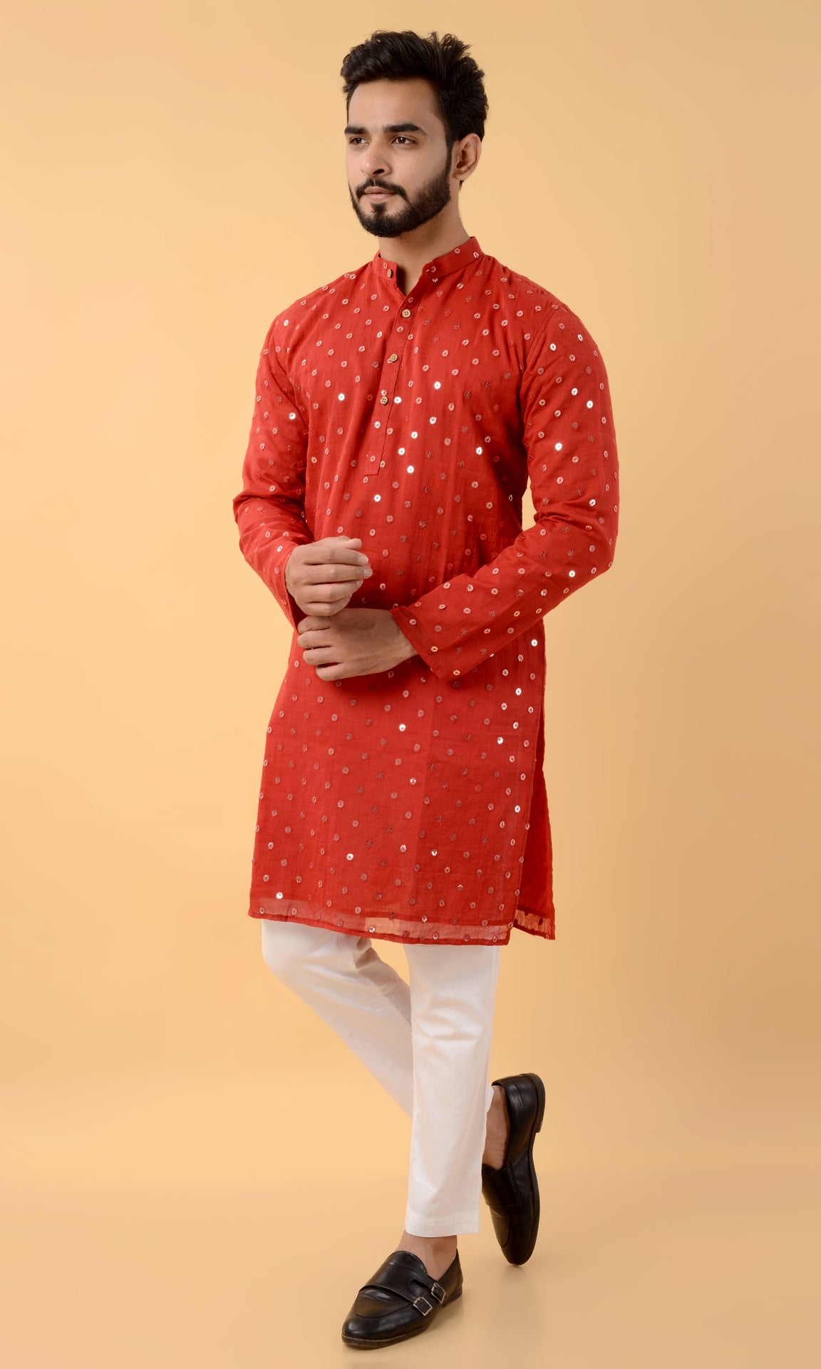 Red mirror work kurta