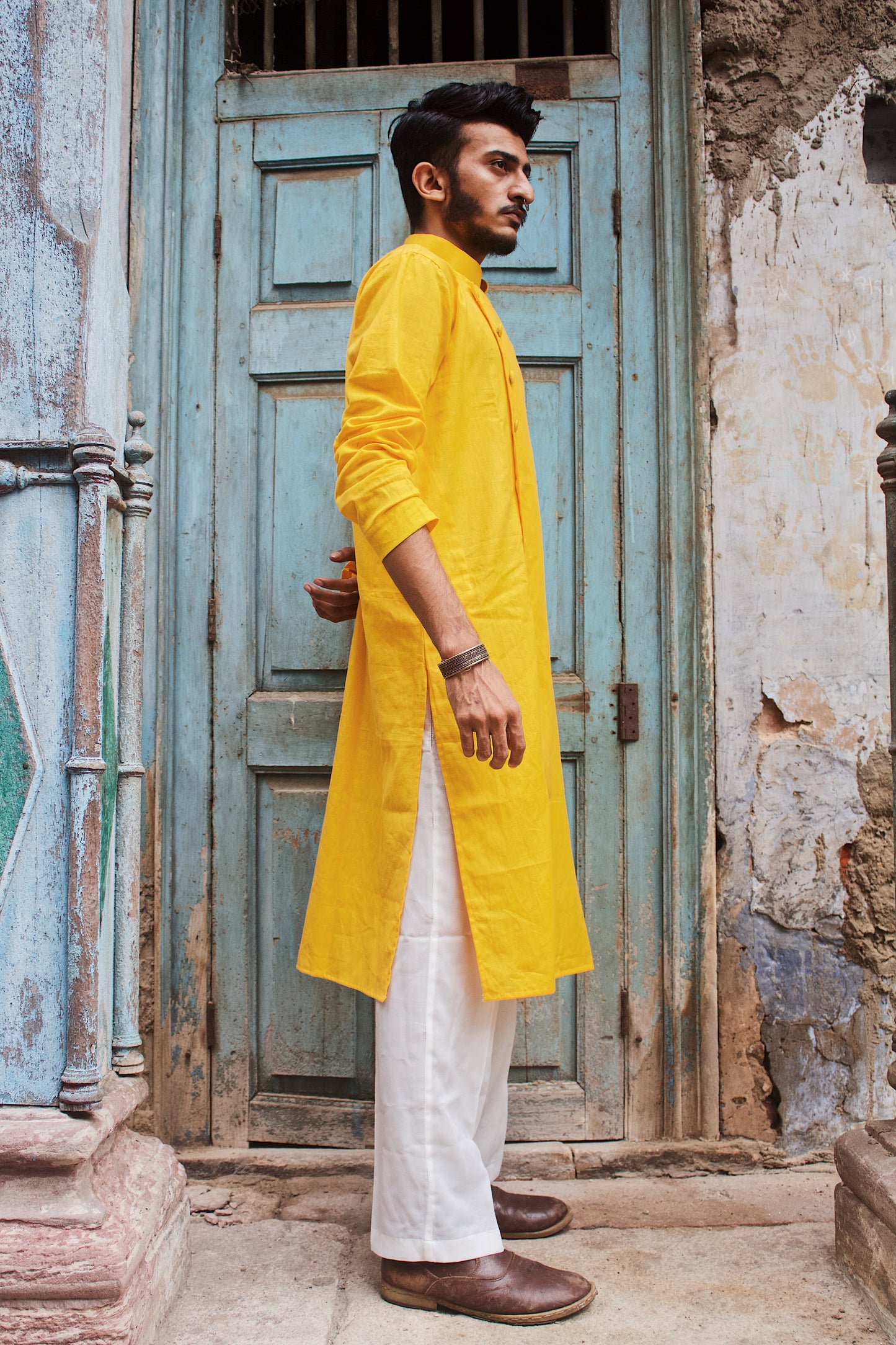 Yellow side panel kurta