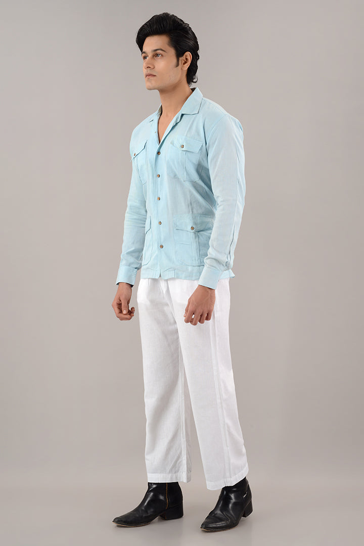 Light blue line over shirt (shacket)