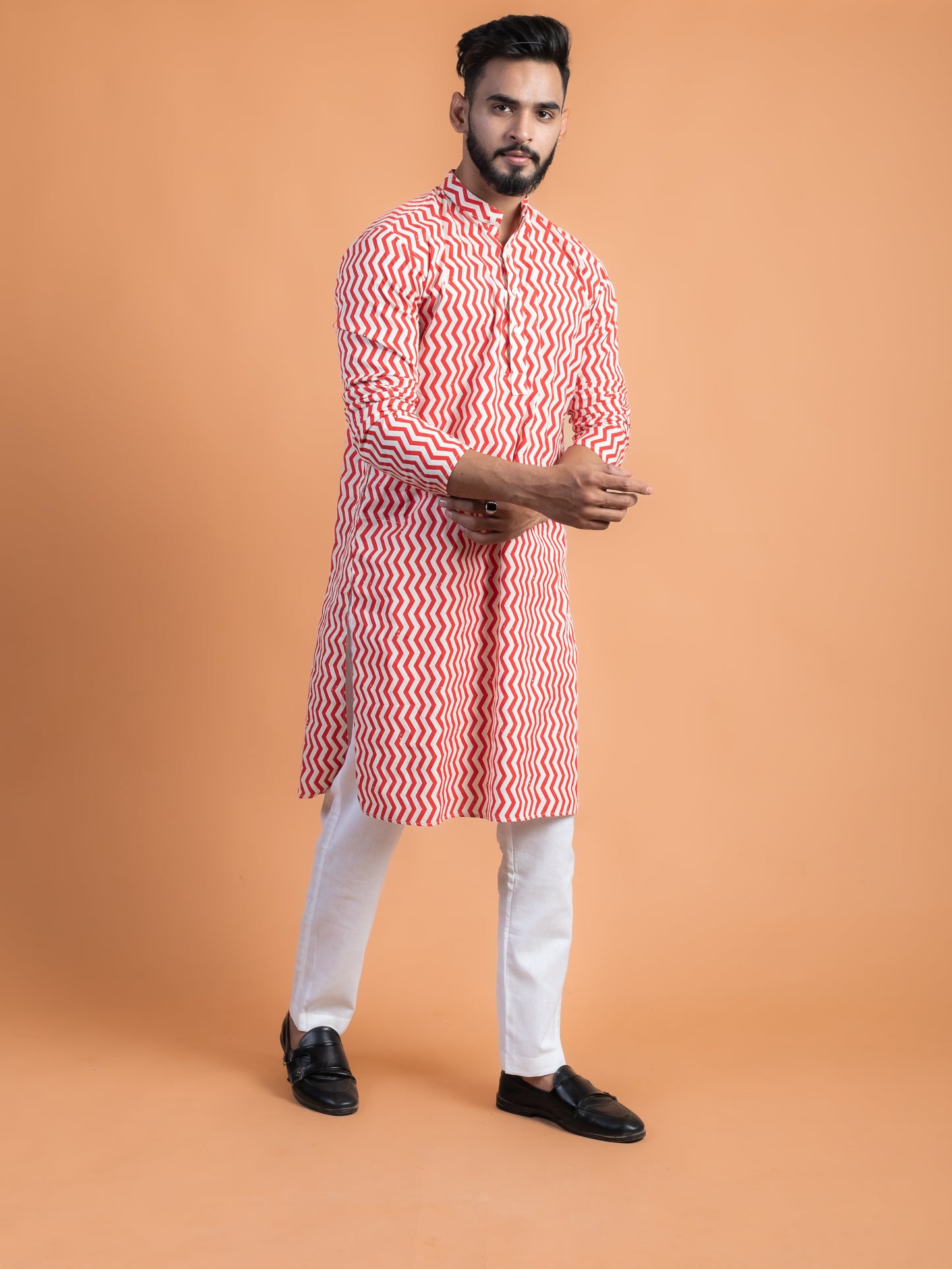 Red and white geometrical kurta