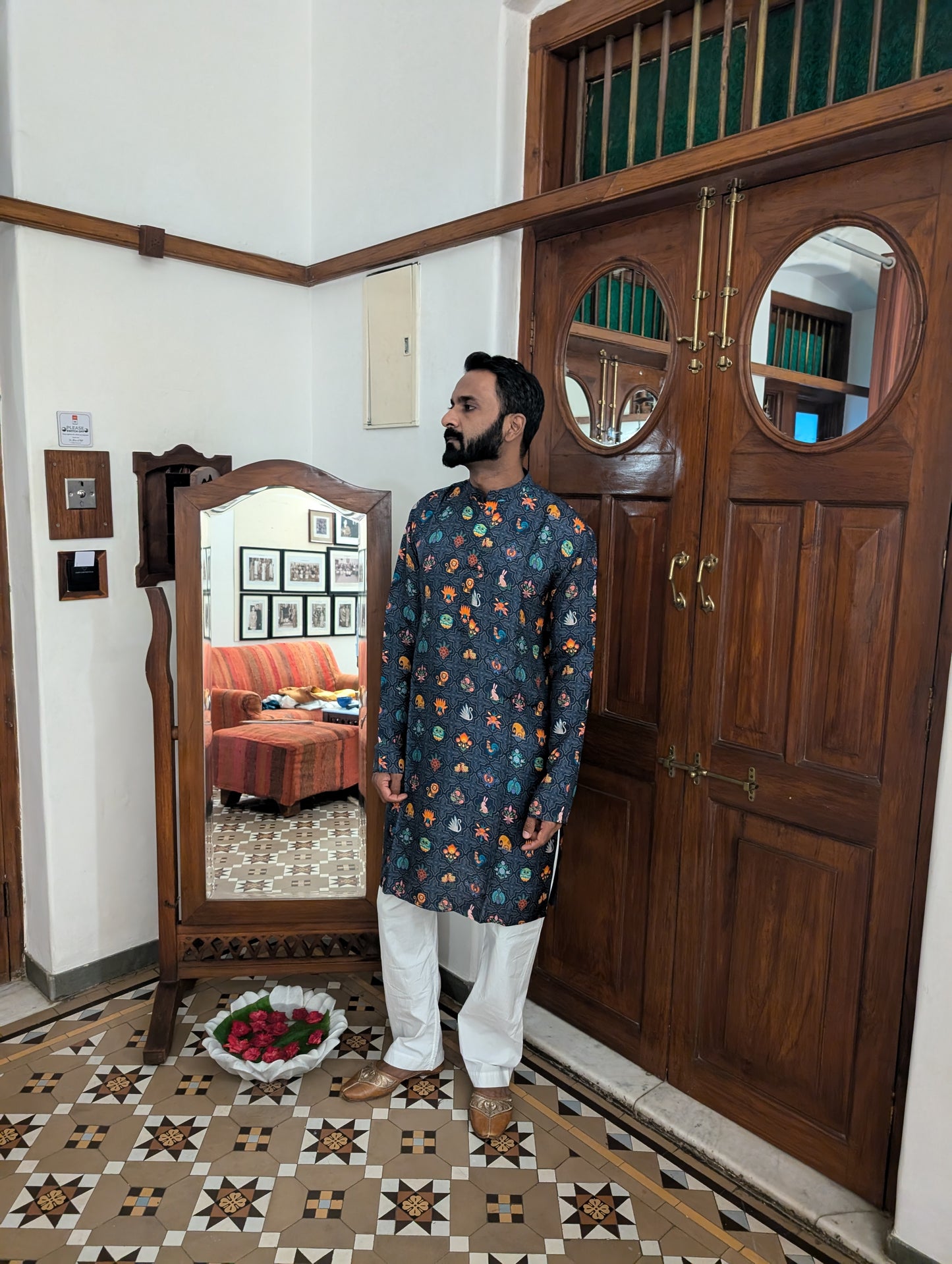 Blue animal motif kurta