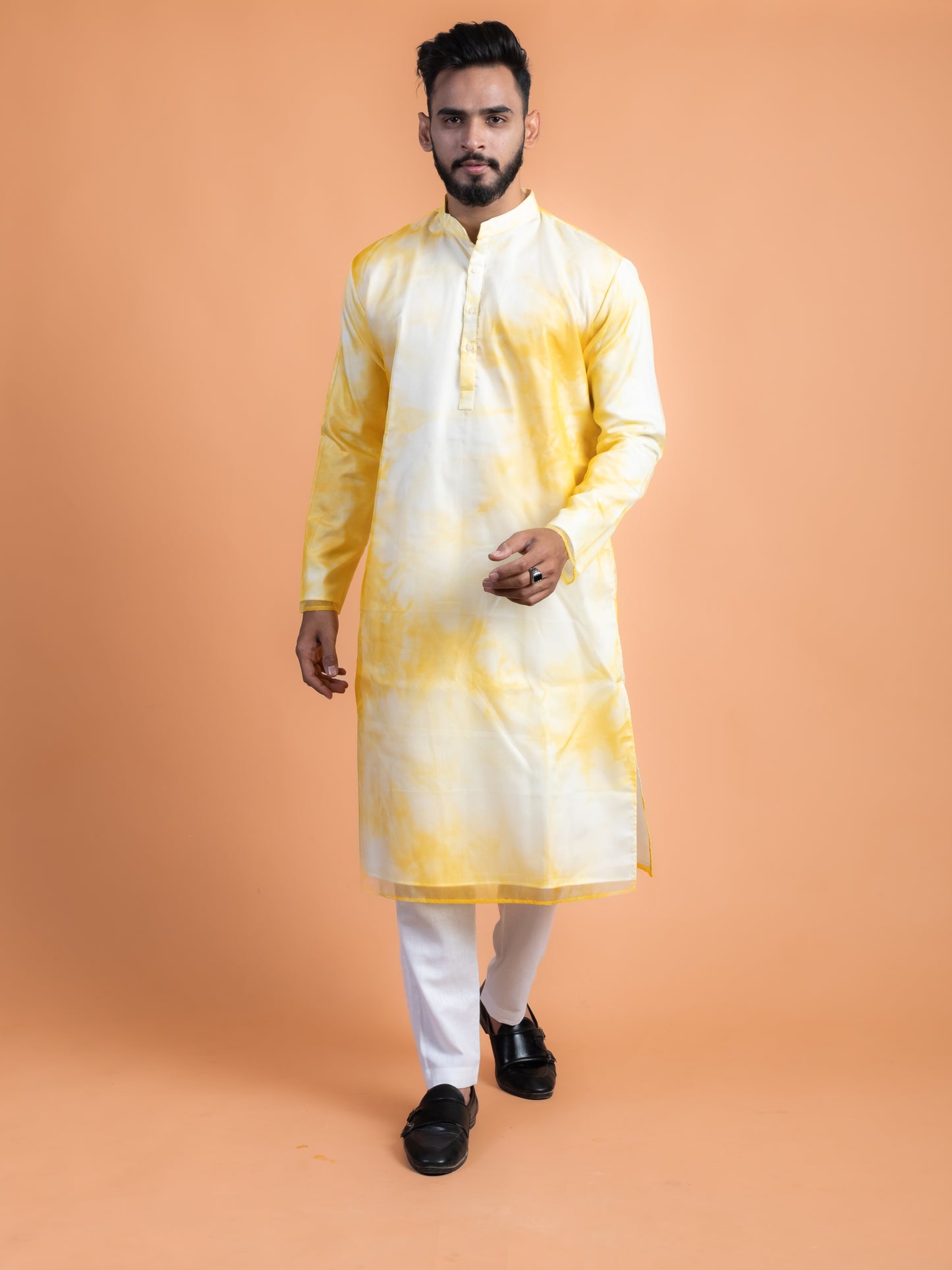 White and yellow shibori kurta