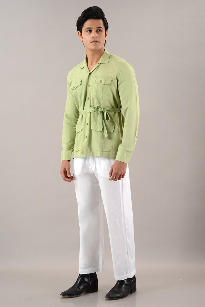 Pistachio green linen over shirt (shacket)