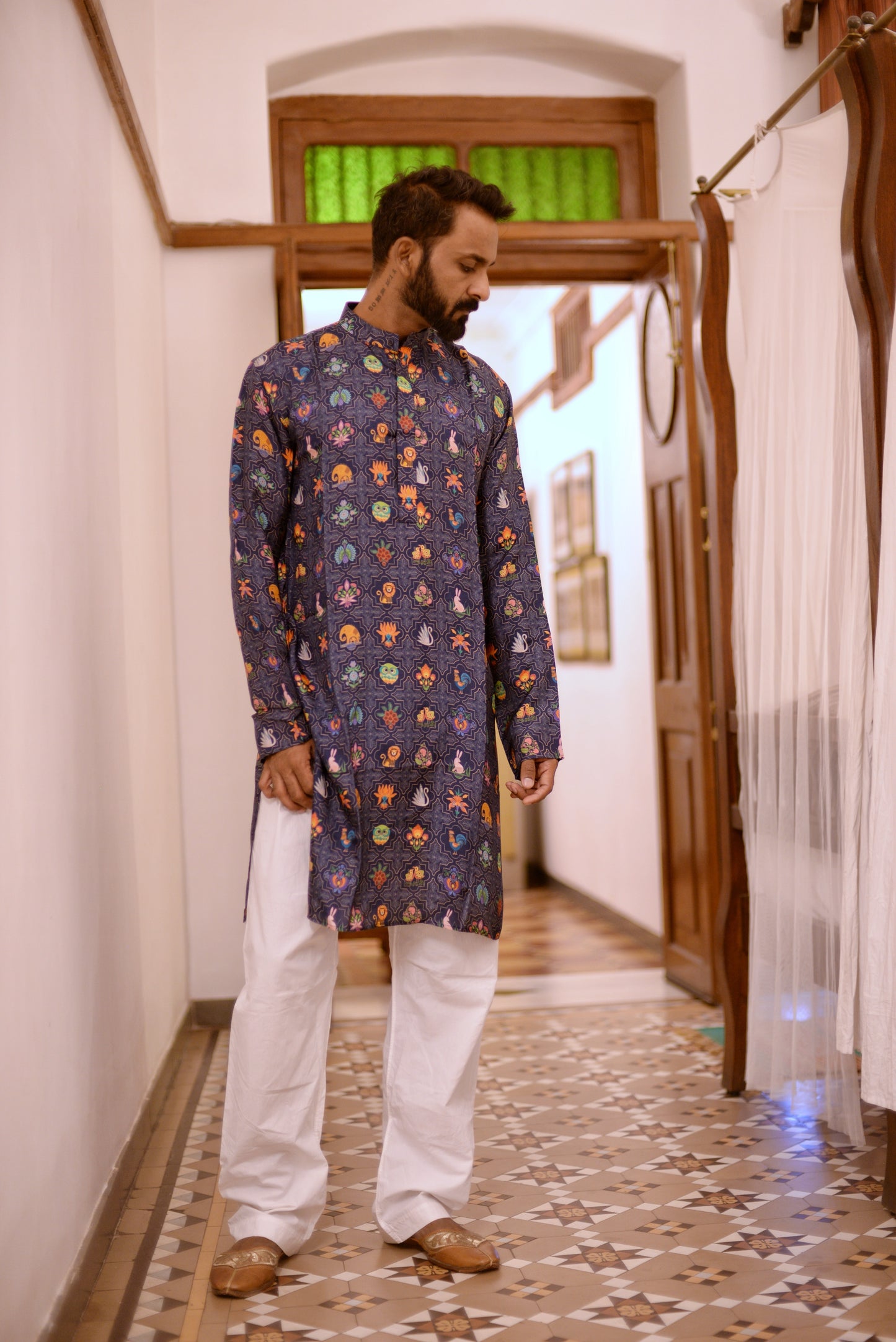 Blue animal motif kurta