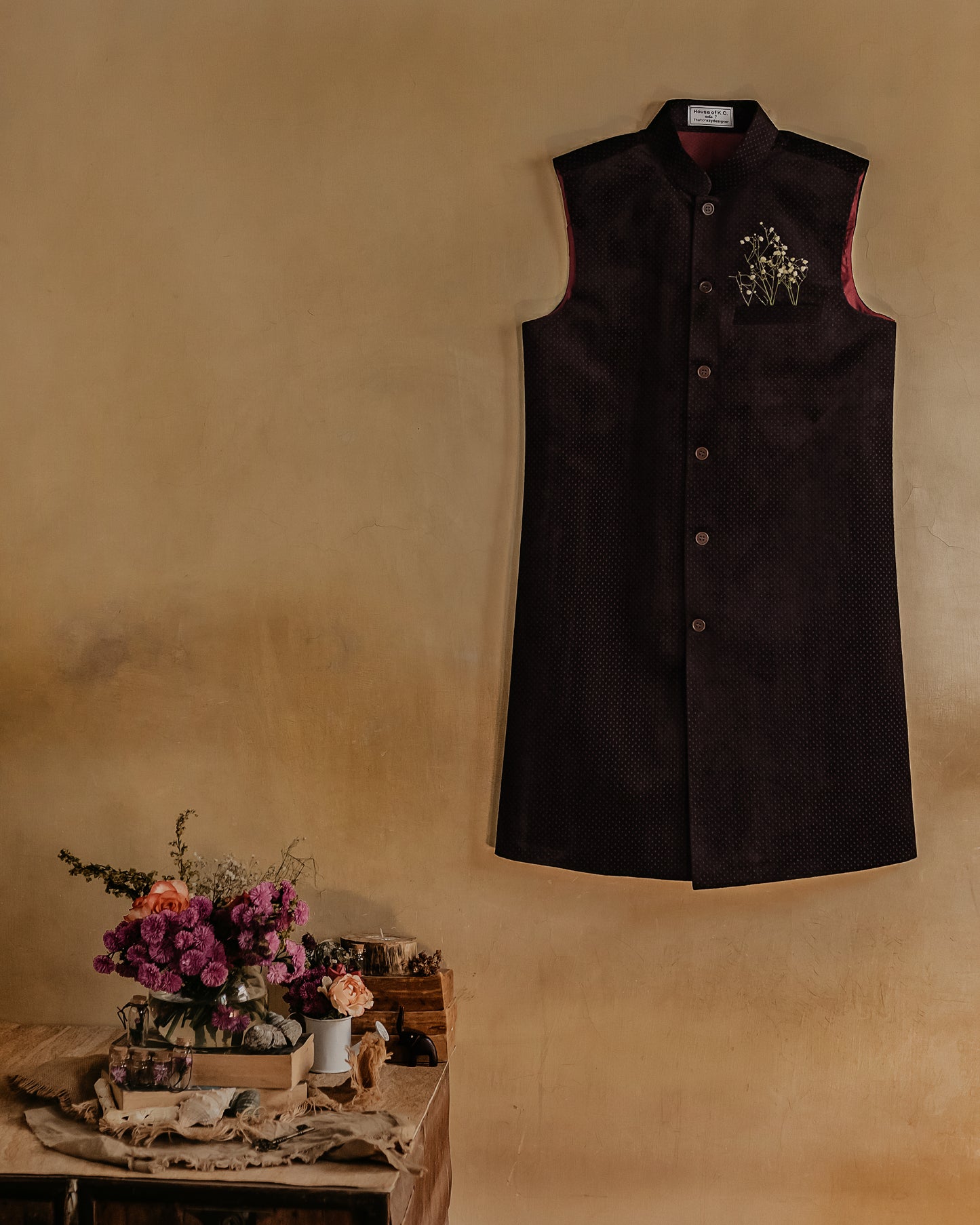 Maroon textured Nehru jacket