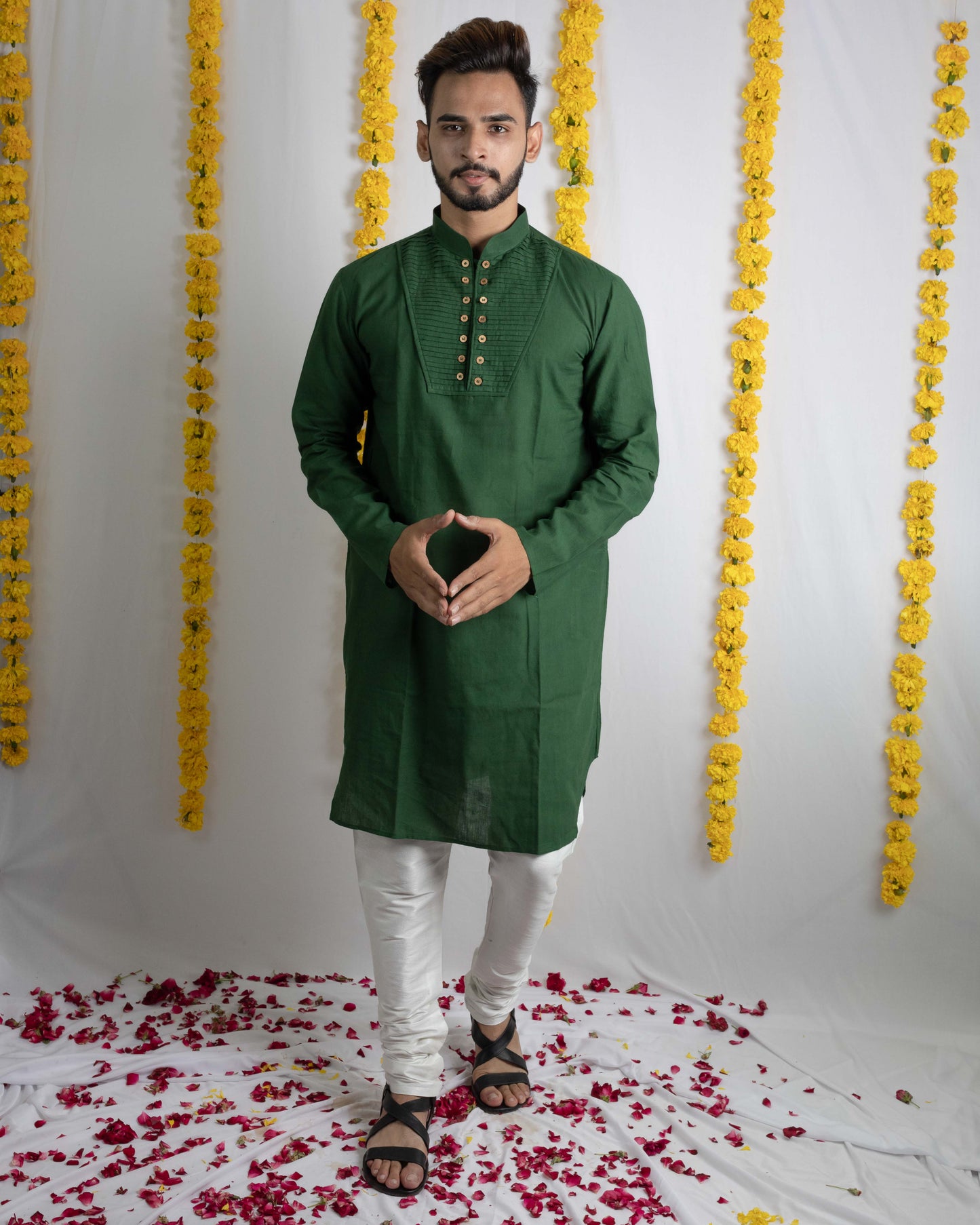 Green pleated linen kurta