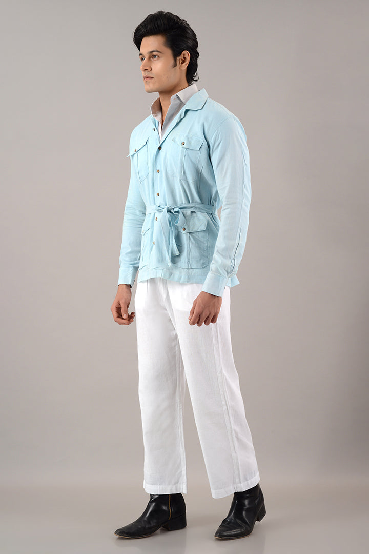 Light blue line over shirt (shacket)
