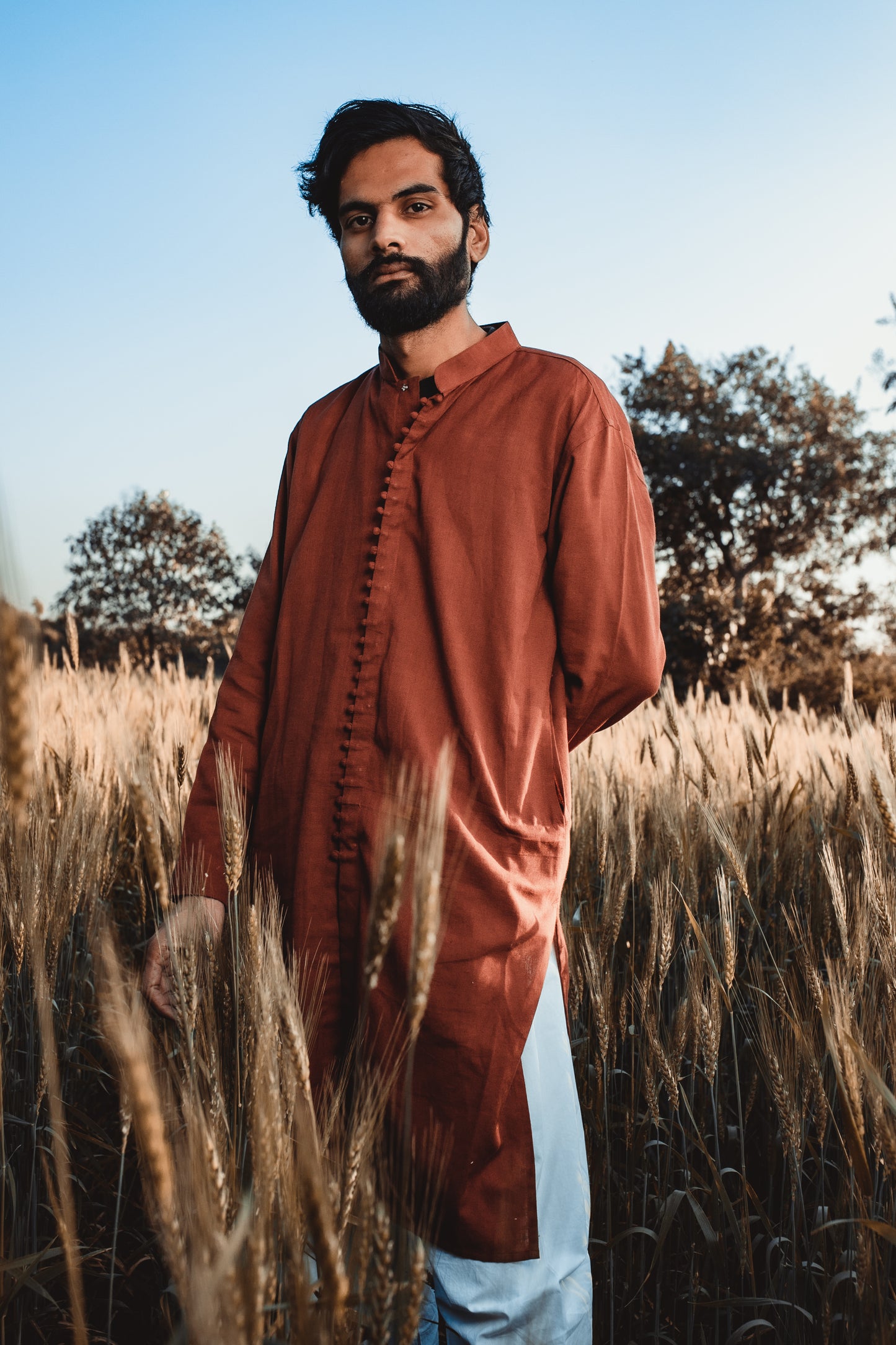 Rust brown handwoven cotton kurta