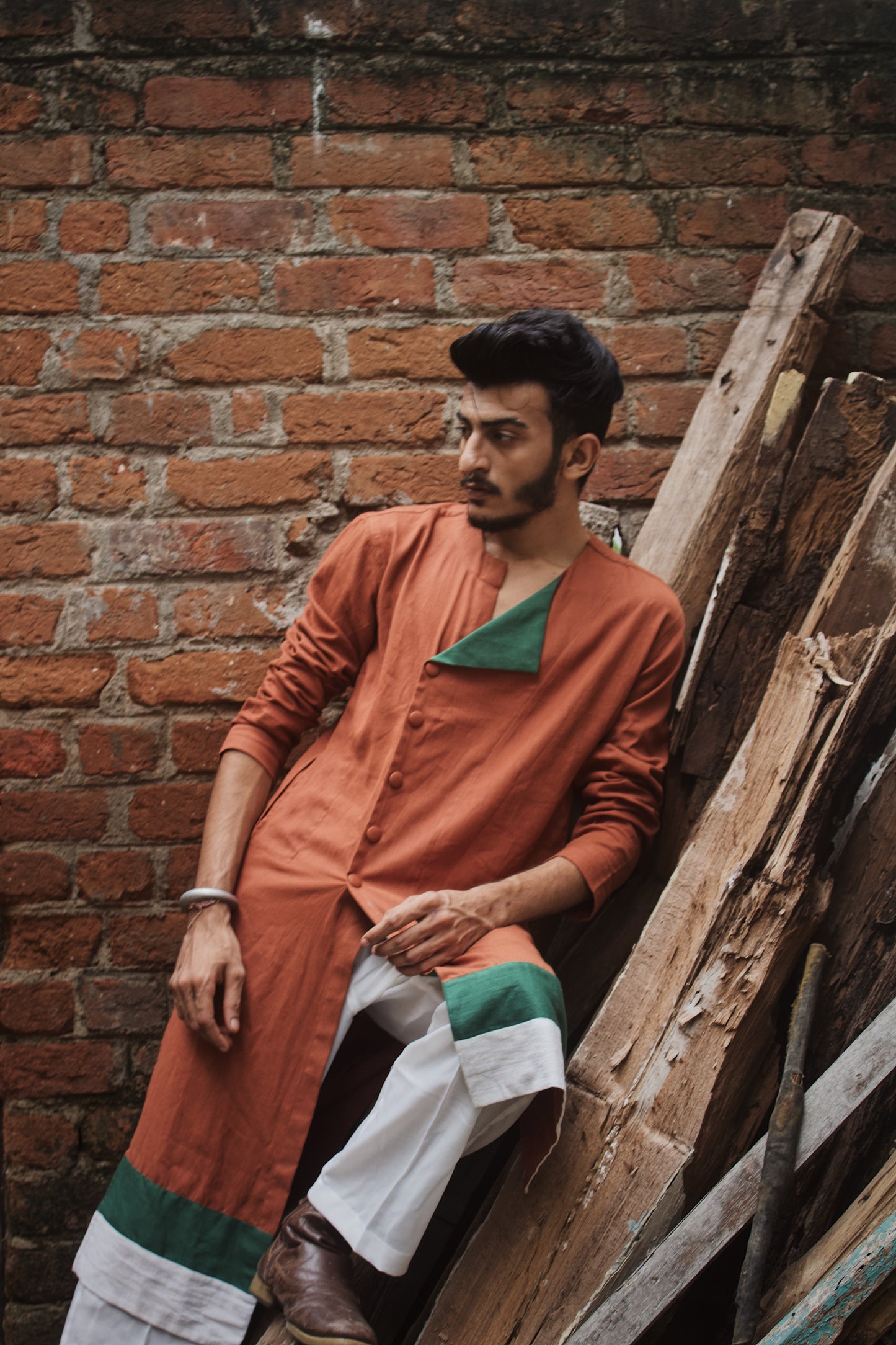 Rust brown kurta with colour block