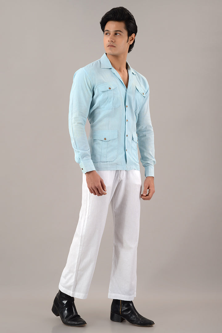Light blue line over shirt (shacket)