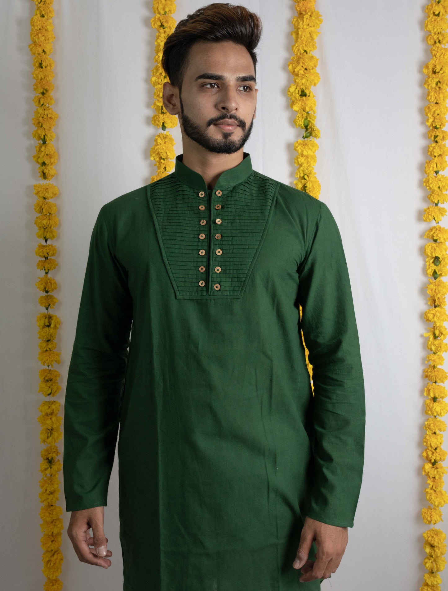 Green pleated linen kurta