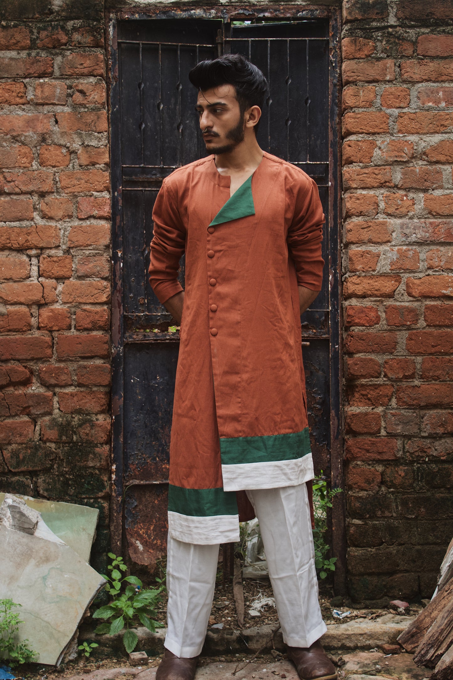 Rust brown kurta with colour block