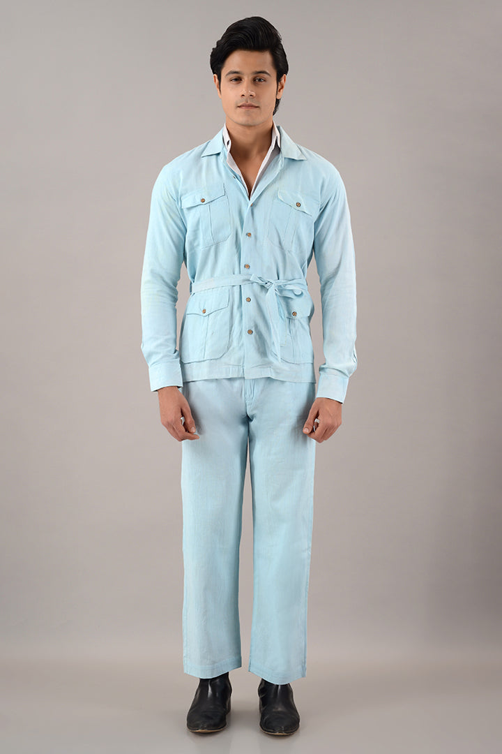 Light blue linen over shirt (shacket) with pants