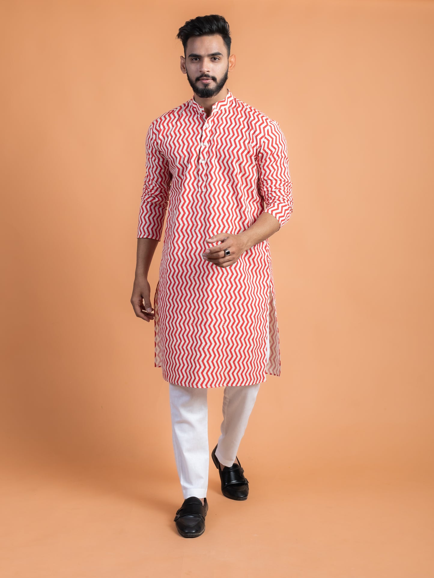 Red and white geometrical kurta