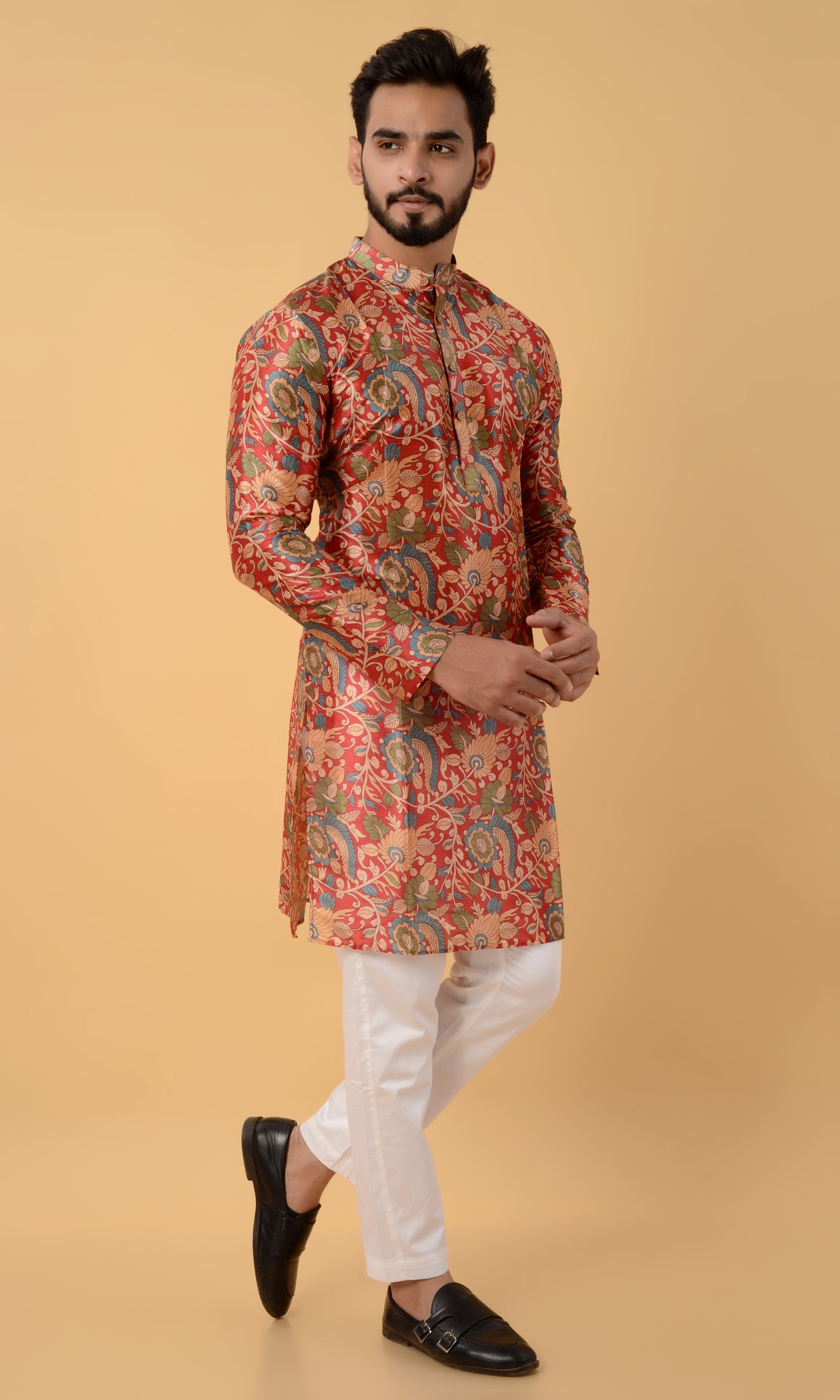 Red assam silk printed kurta