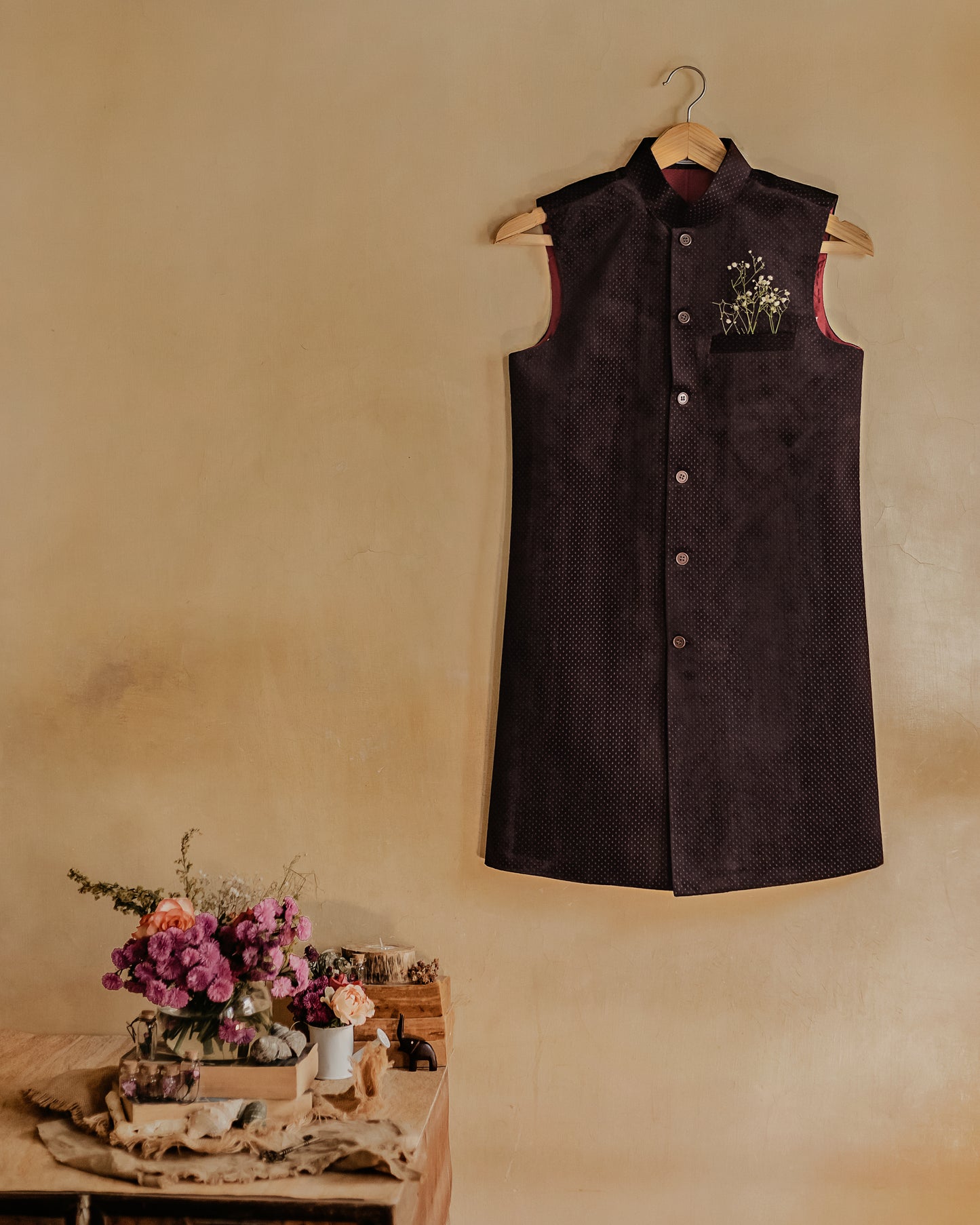 Maroon textured Nehru jacket