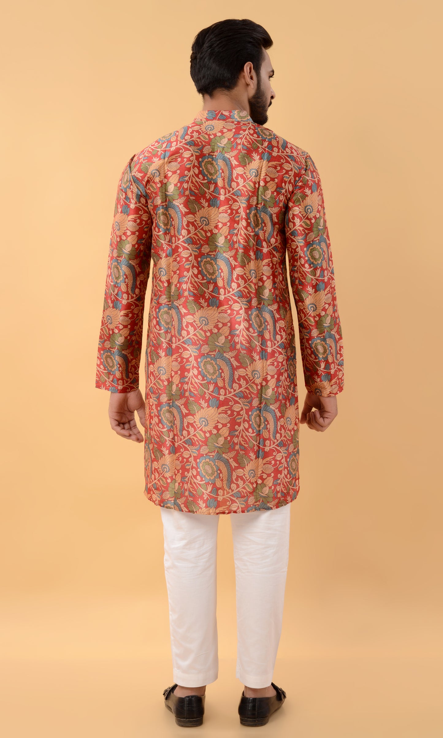 Red assam silk printed kurta