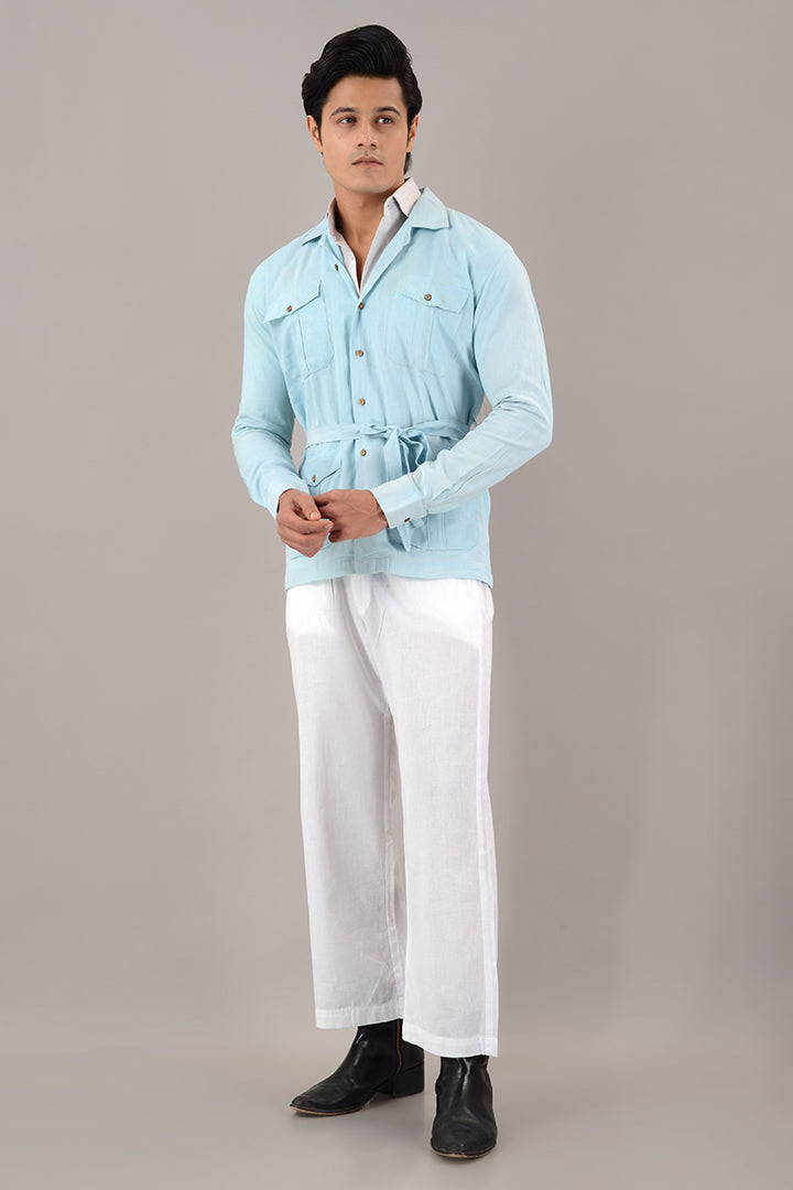Light blue line over shirt (shacket)
