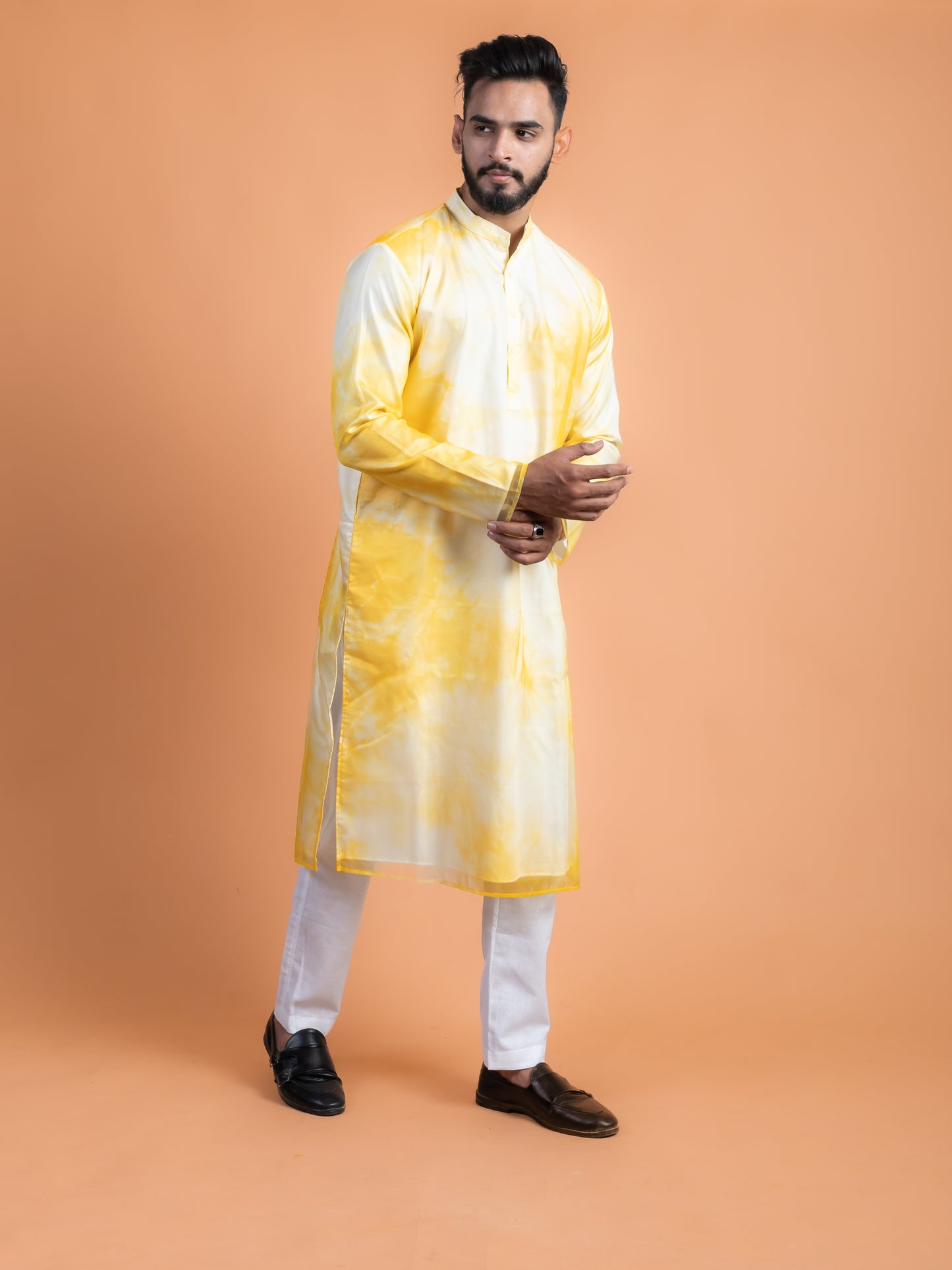 White and yellow shibori kurta