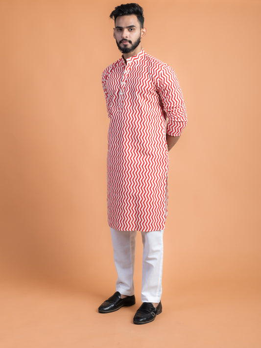 Red and white geometrical kurta
