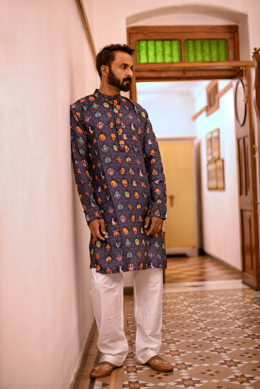 Blue animal motif kurta