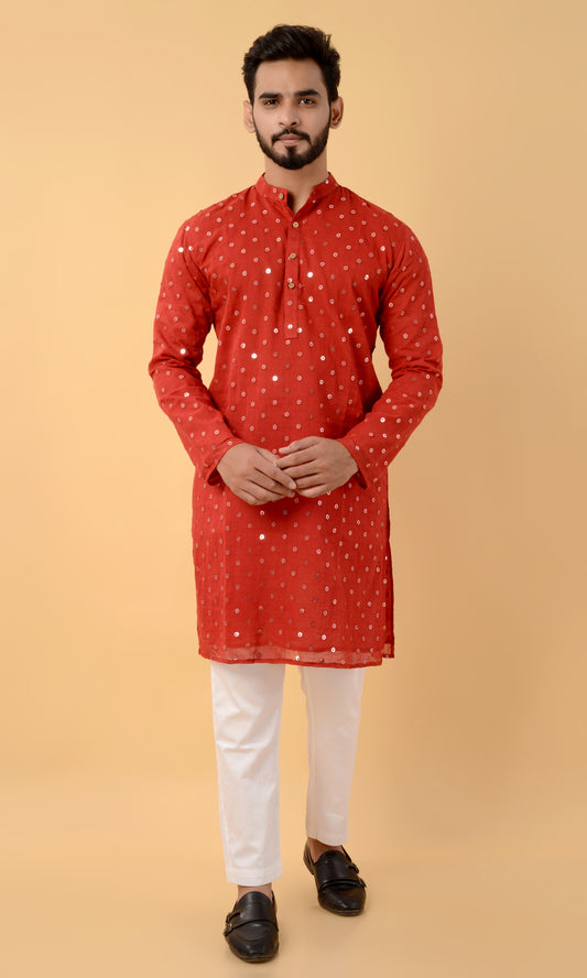 Red mirror work kurta