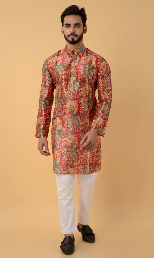 Red assam silk printed kurta