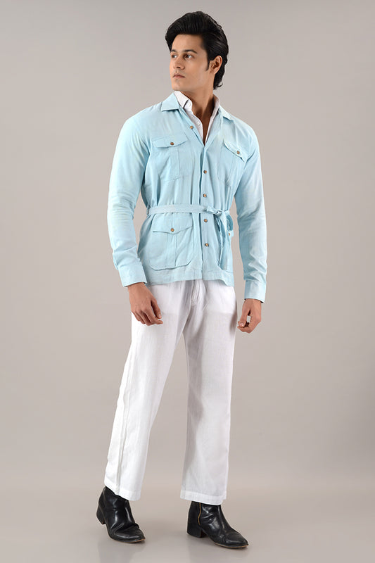 Light blue line over shirt (shacket)