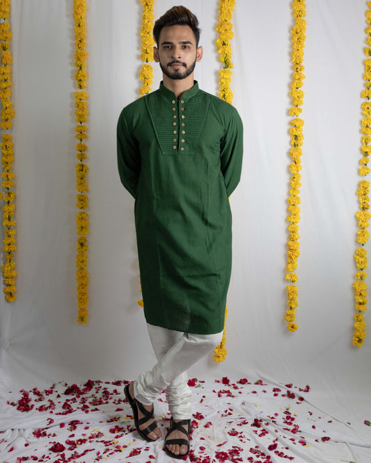 Green pleated linen kurta